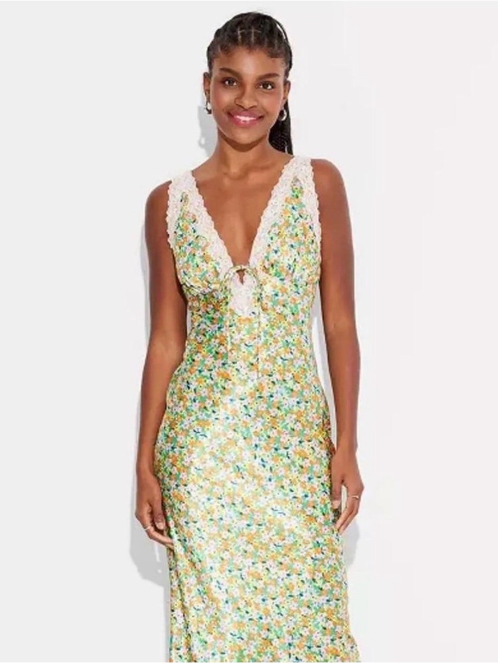 Wild Fable Floral Lace-Trim Slip Dress in Yellow and Green Size M